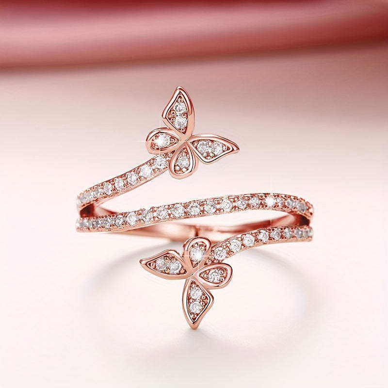 White Gold Ring with Butterflies and Set Cubic Zirconia
