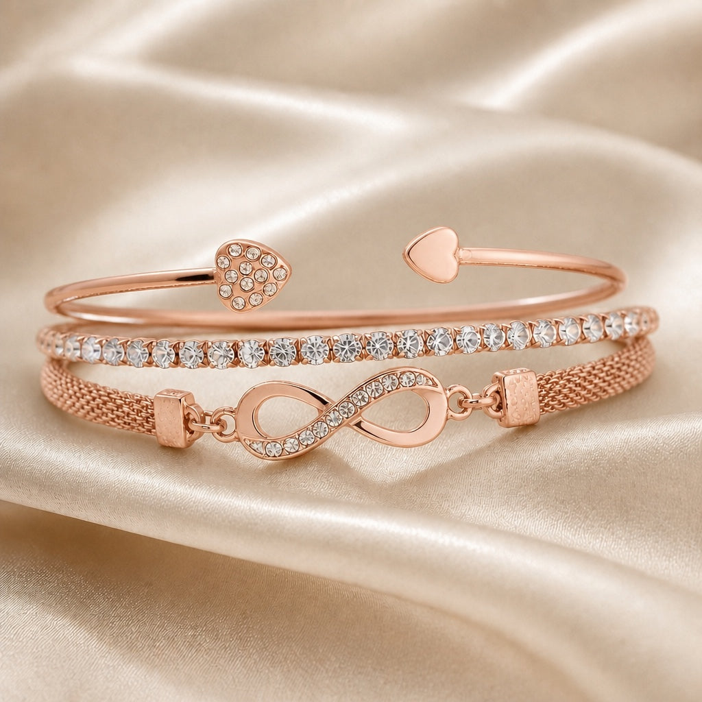 White gold rhinestone bracelet collection with infinity motif
