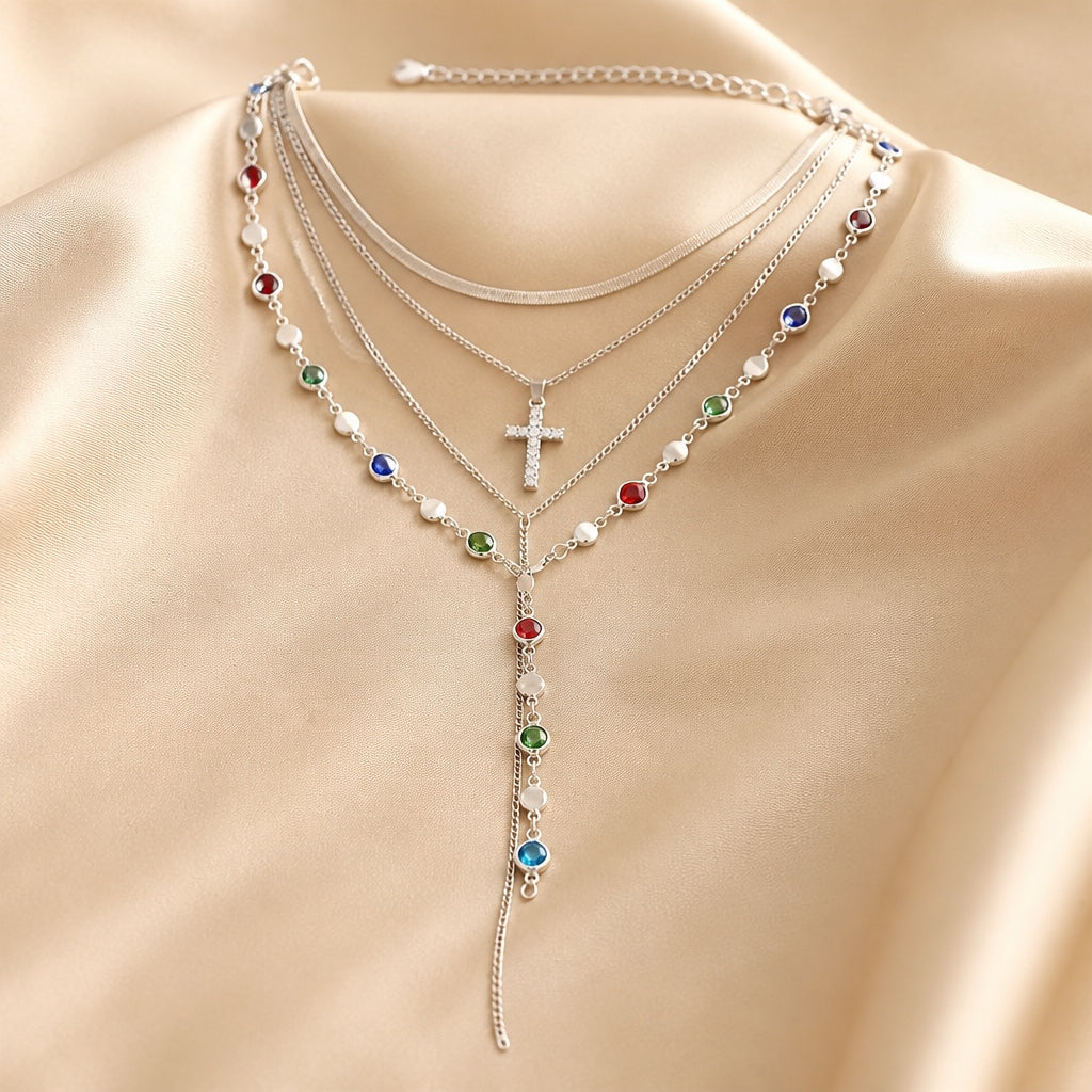 White gold necklace and earring set with multicolored stones