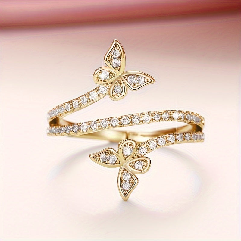 White Gold Ring with Butterflies and Set Cubic Zirconia