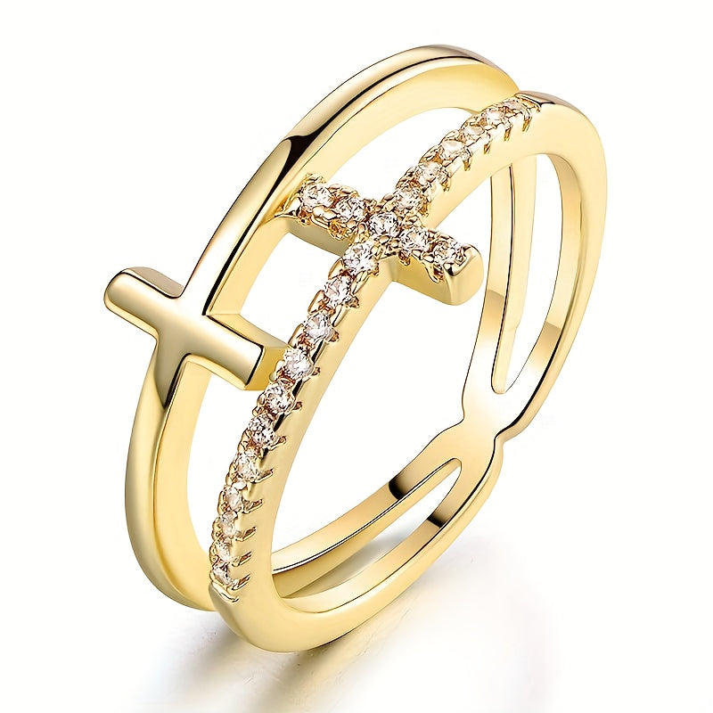 Double-Layer: White Gold Ring with Zirconia Cross