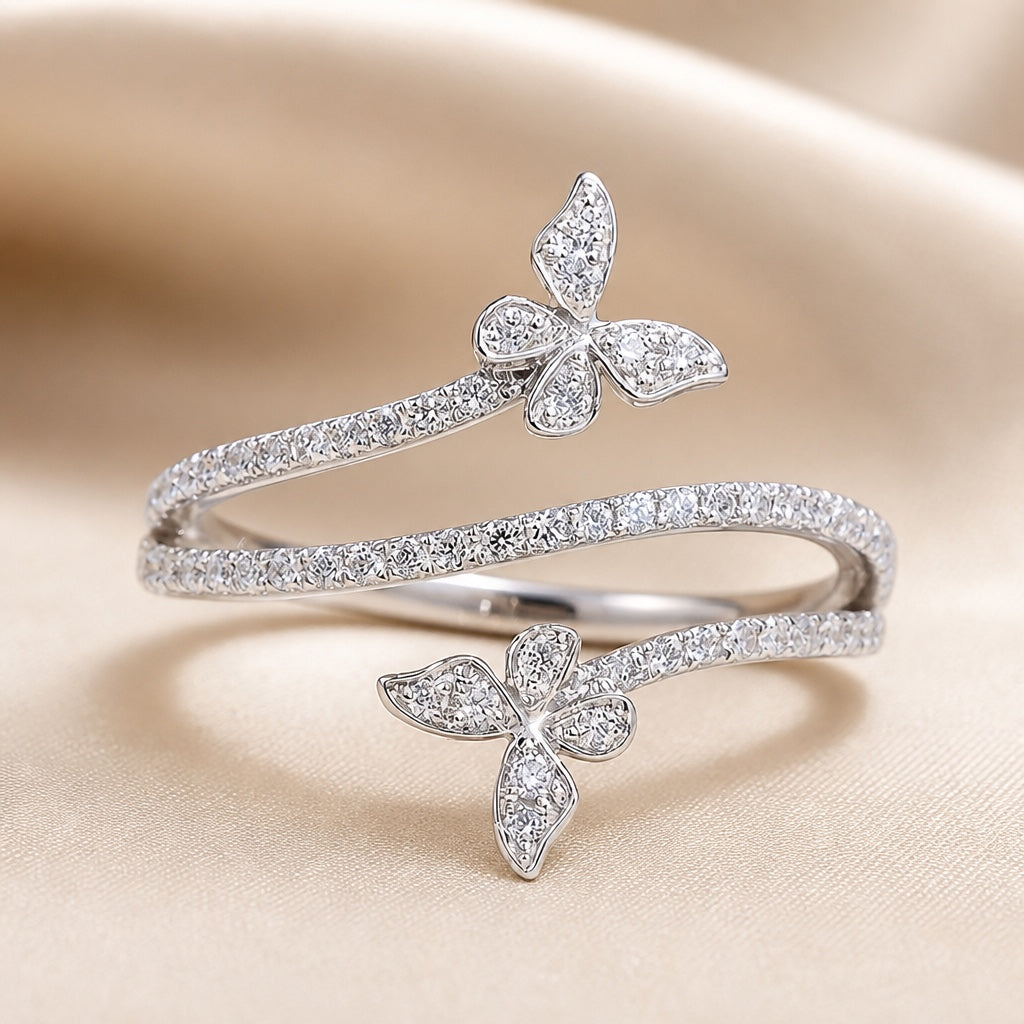 White Gold Ring with Butterflies and Set Cubic Zirconia