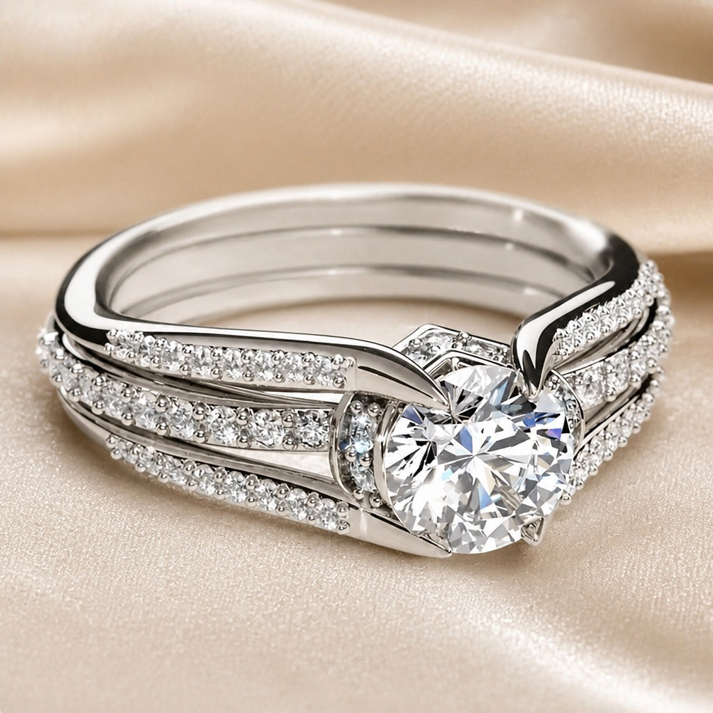 Multi-Layer White Gold Ring with Cubic Zirconia