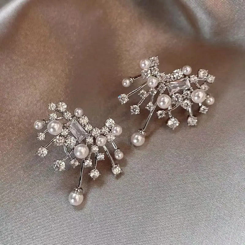 Silver Pearl & Crystal Starburst Cluster Earrings