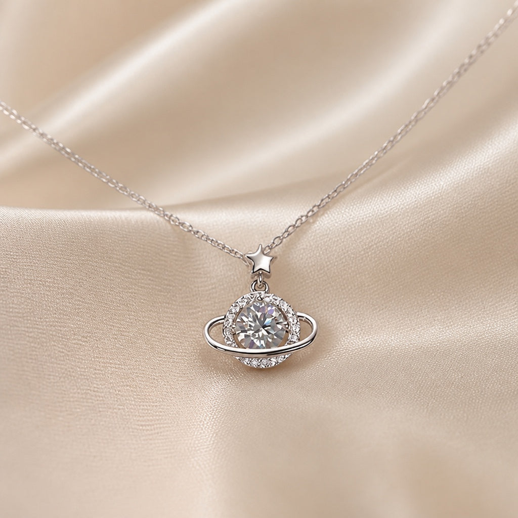 Elegant White Gold Planet Pendant Necklace
