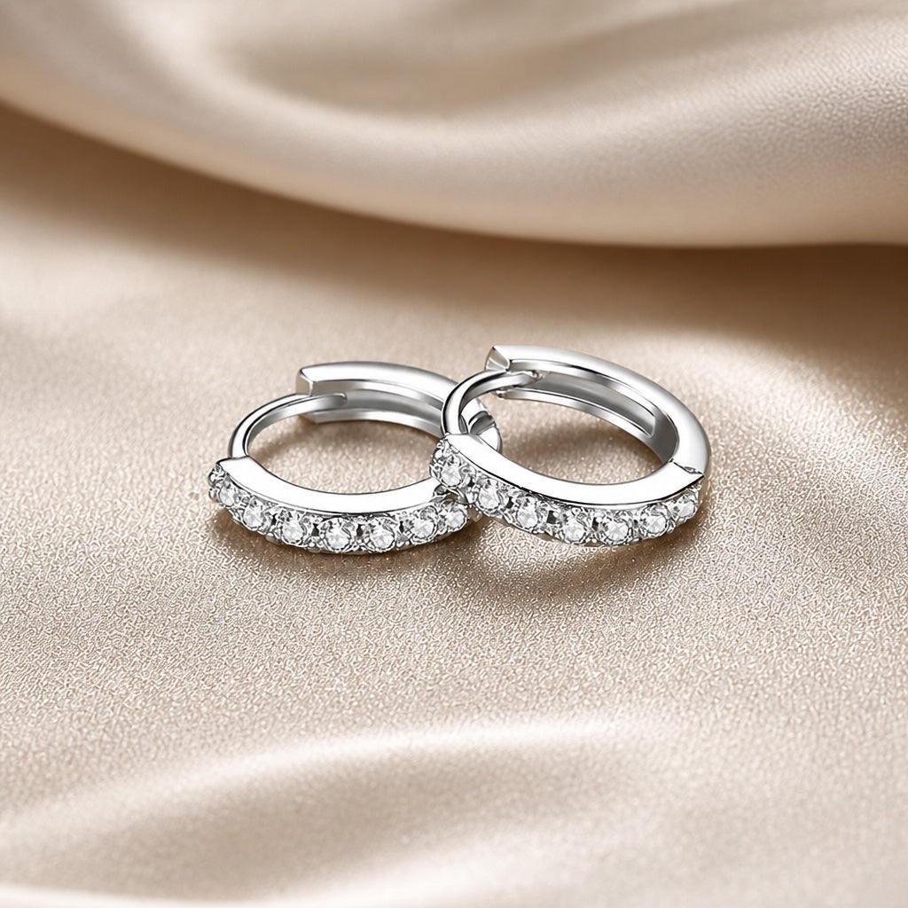 Minimalist White Gold Hoop Earrings with Crystals