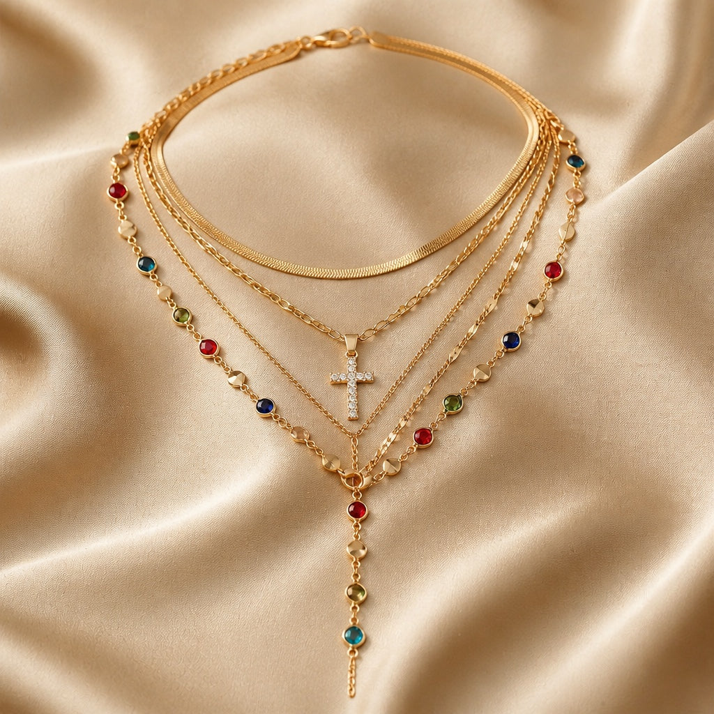 White gold necklace and earring set with multicolored stones