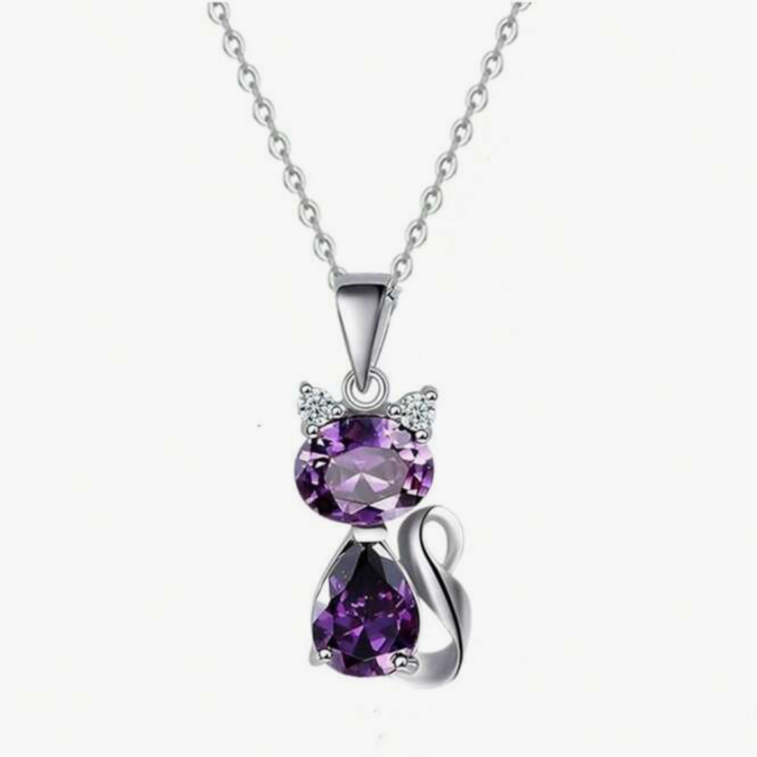 Purple Crystal Cat Pendant Necklace