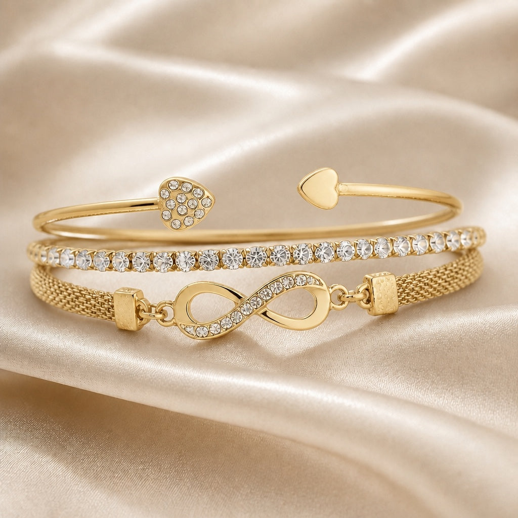 White gold rhinestone bracelet collection with infinity motif