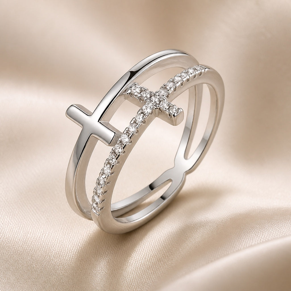 Double-Layer: White Gold Ring with Zirconia Cross