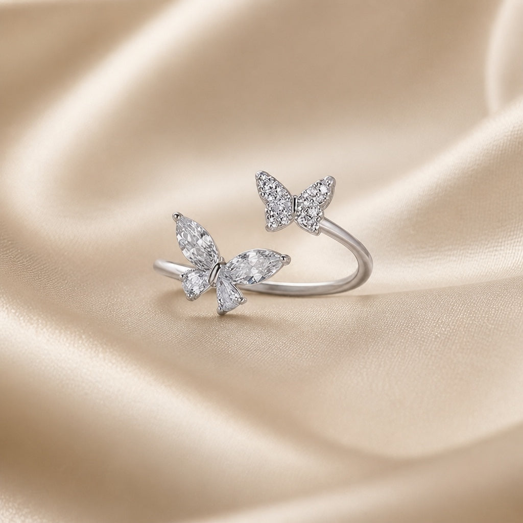 White Gold Ring with Two Cubic Zirconia Butterflies