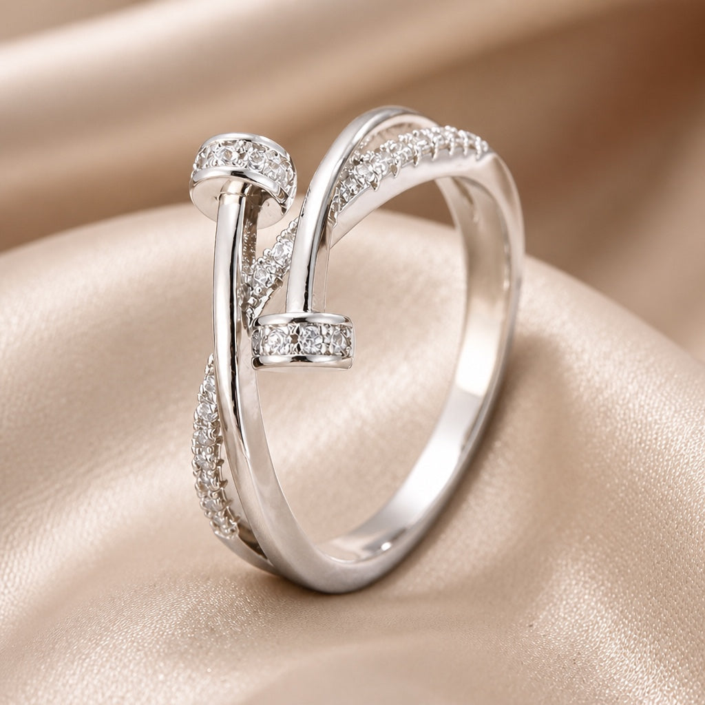 White gold crossover ring with cubic zirconia