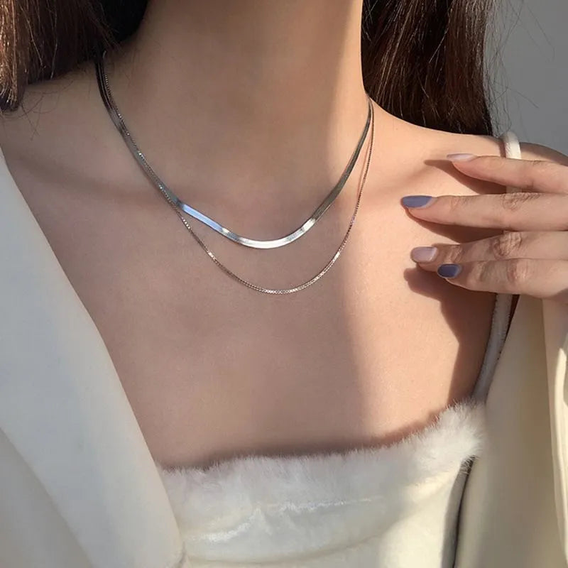 White Gold Layered Snake Chain Necklace