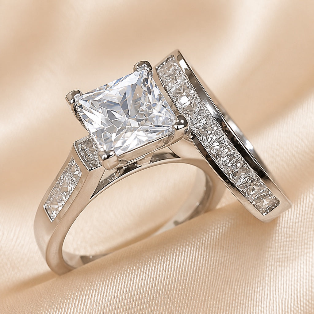 Collection featuring a white gold ring and a square zirconia