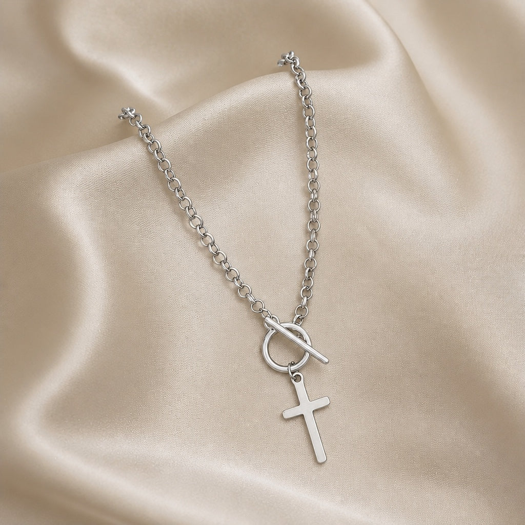 Fashionable White Gold Toggle Necklace with Cross Pendant