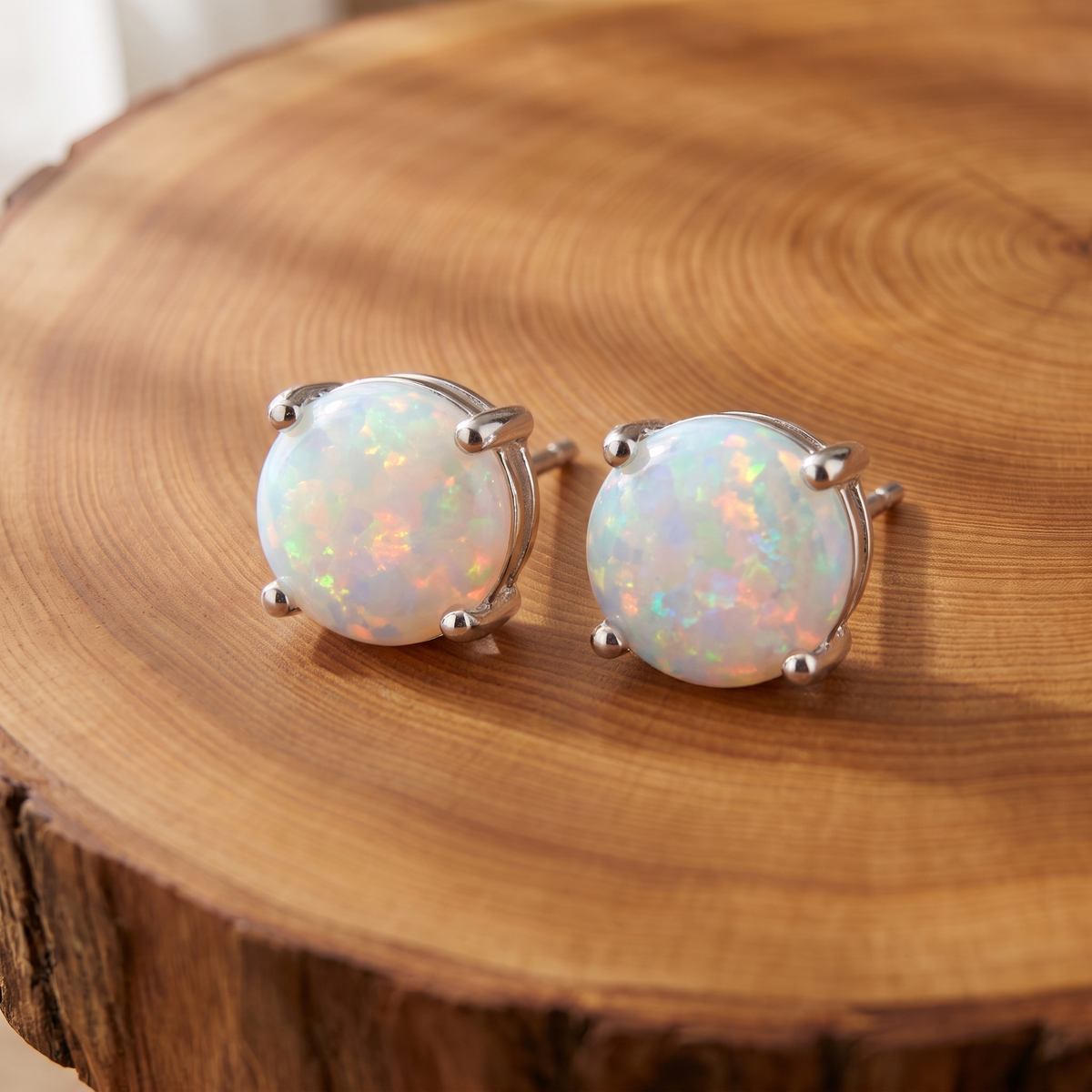 White Opal Silver Stud Earrings